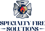 Logo of Specialty Fire Solutions featuring a globe with a flame surrounded by a fire department badge.
